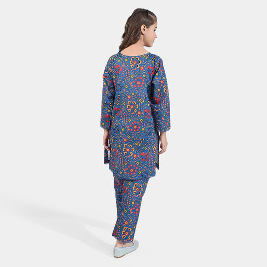 Girls Cotton Slub Printed 2 PCs Suit Phulkari - Navy Blue