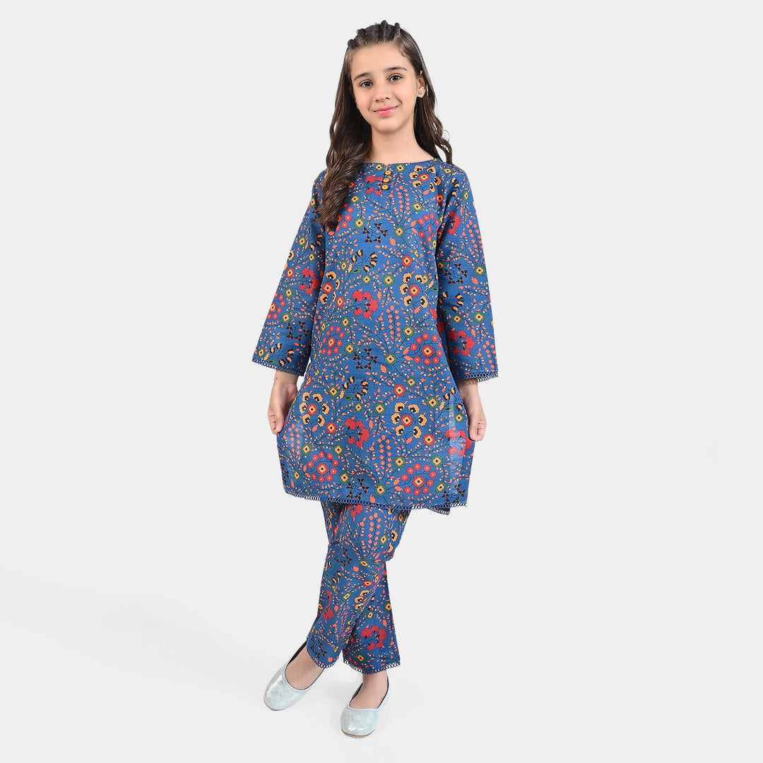 Girls Cotton Slub Printed 2 PCs Suit Phulkari - Navy Blue