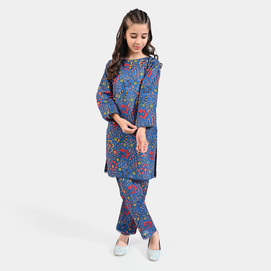 Girls Cotton Slub Printed 2 PCs Suit Phulkari - Navy Blue