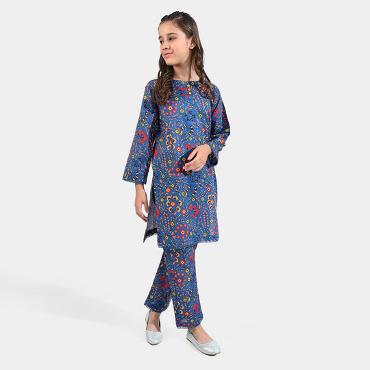 Girls Cotton Slub Printed 2 PCs Suit Phulkari - Navy Blue