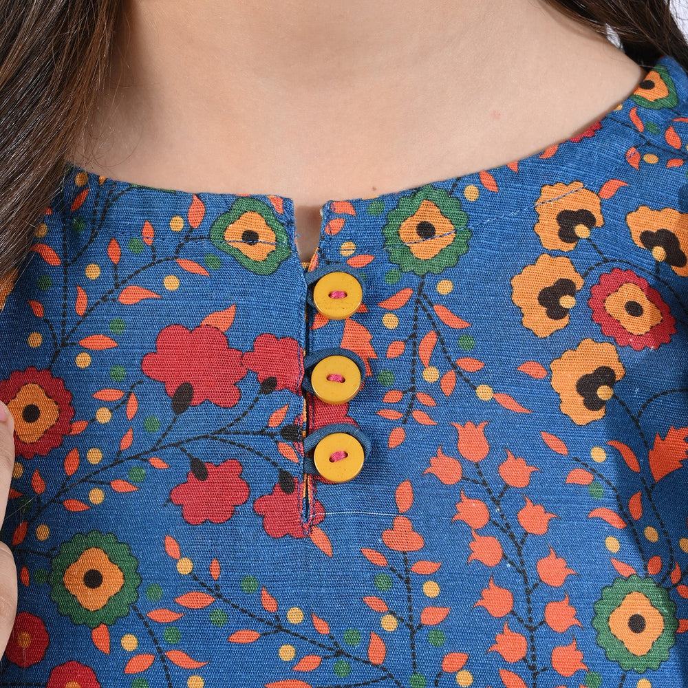 Girls Cotton Slub Printed 2 PCs Suit Phulkari - Navy Blue